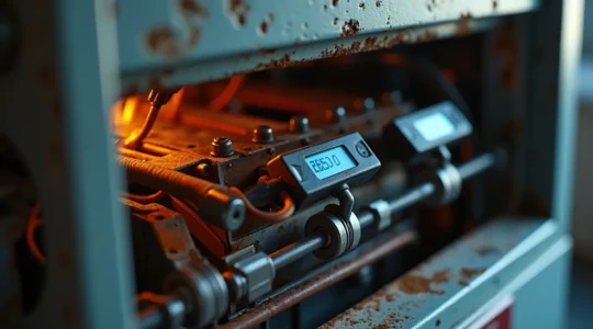 Une fournaise électrique avec des indicateurs visuels de dysfonctionnement et d'usure, montrant des composants internes en détail, éclairage professionnel mettant en relief les éléments défaillants