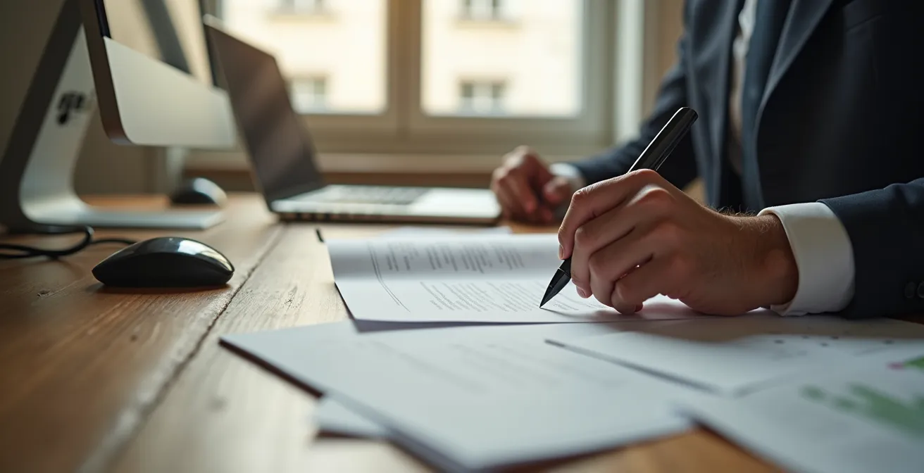 Photographie environnementale large montrant un bureau moderne où un syndic prépare un dossier d’autorisation pour installation de climatisation en copropriété, éclairage doux naturel