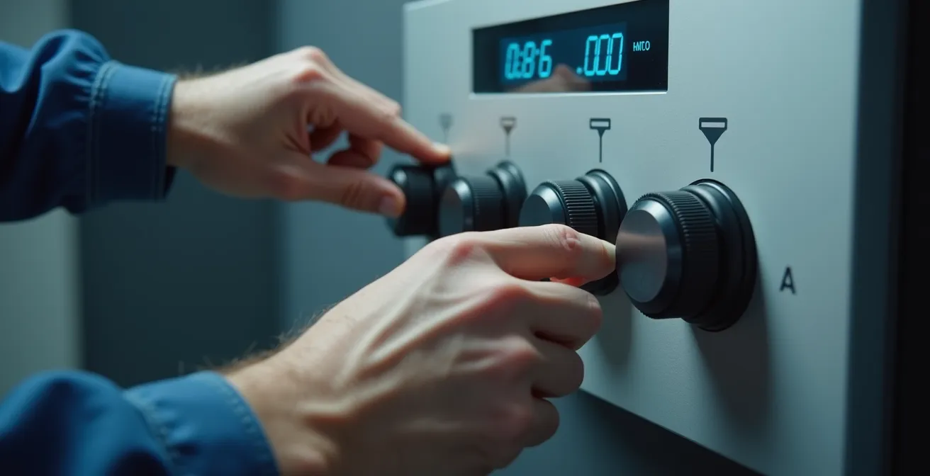 Photographie macro détaillée de mains d’un technicien manipulant un appareil de contrôle pour climatisation avec textures fines métalliques et plastiques, éclairage précis