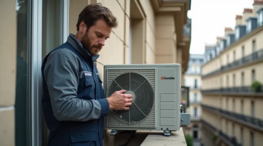 Photo réaliste d'un professionnel inspectant une unité extérieure de climatisation sur un balcon parisien avec façade haussmannienne visible, éclairage naturel cinématographique, textures détaillées du métal et du béton, composition équilibrée avec espace négatif clair