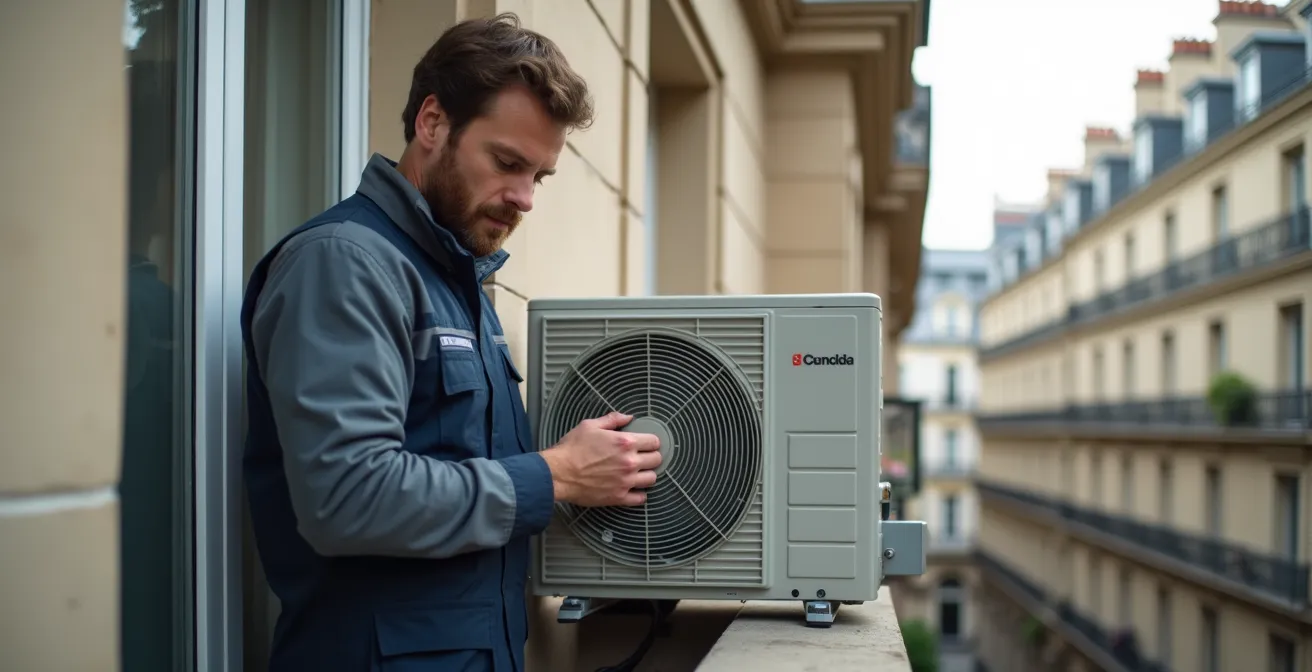 Photo réaliste d'un professionnel inspectant une unité extérieure de climatisation sur un balcon parisien avec façade haussmannienne visible, éclairage naturel cinématographique, textures détaillées du métal et du béton, composition équilibrée avec espace négatif clair