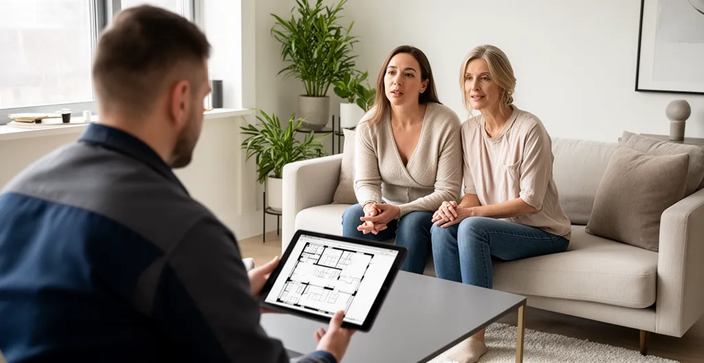 Artisan présentant un devis à un couple de clients dans leur salon