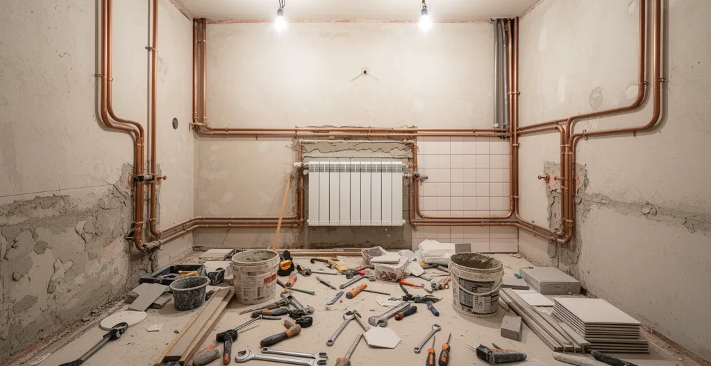 Salle de bain en cours de rénovation avec tuyauterie et radiateur visibles