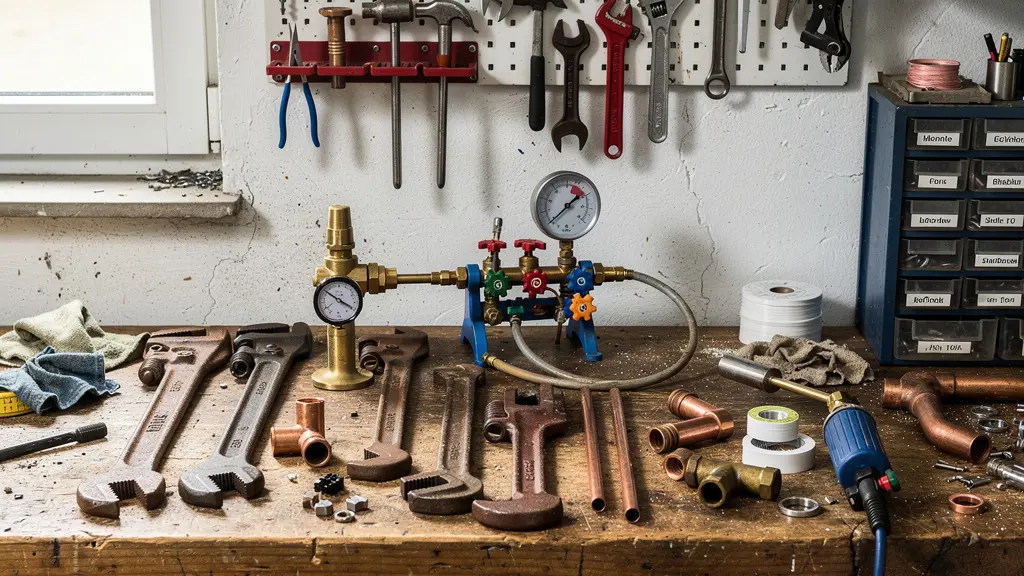 Outils de plombier-chauffagiste disposés sur un établi professionnel