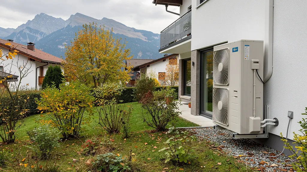 Pompe à chaleur installée à l'extérieur d'une maison suisse avec paysage alpin