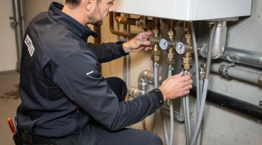 Technicien plombier inspectant le raccordement hydraulique d'une pompe à chaleur en Suisse