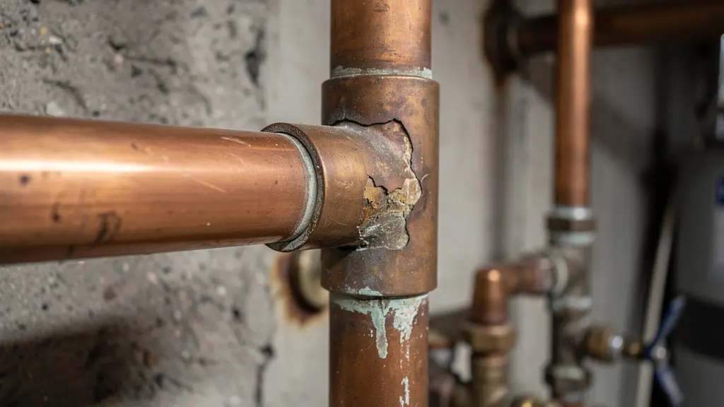 Tuyaux de chauffage présentant des traces de fuite et de corrosion dans un sous-sol