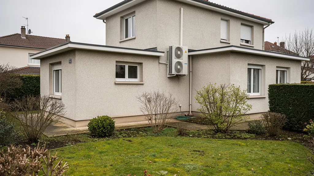 Pavillon années 60 typique banlieue parisienne avec unité extérieure PAC récemment installée