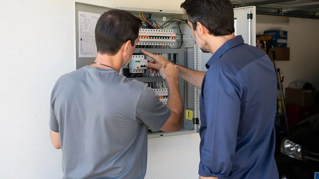 Propriétaire et technicien vérifiant le tableau électrique dans un garage de pavillon francilien