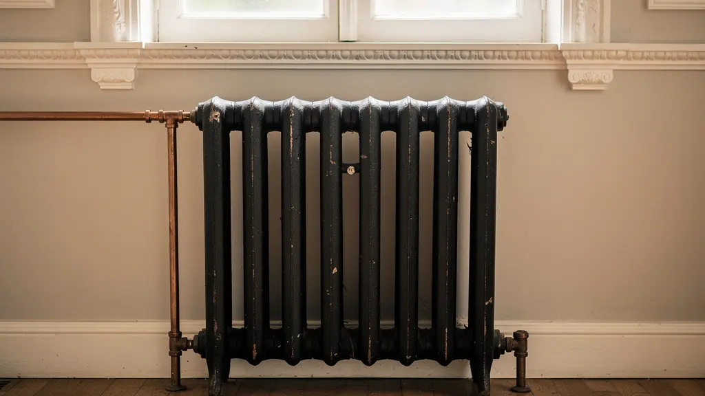 Radiateur fonte ancien sous fenêtre double vitrage dans maison ancienne avec parquet