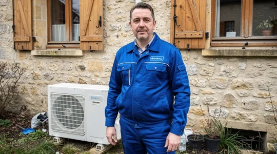 Technicien inspectant une pompe à chaleur installée contre une maison en meulière typique Île-de-France