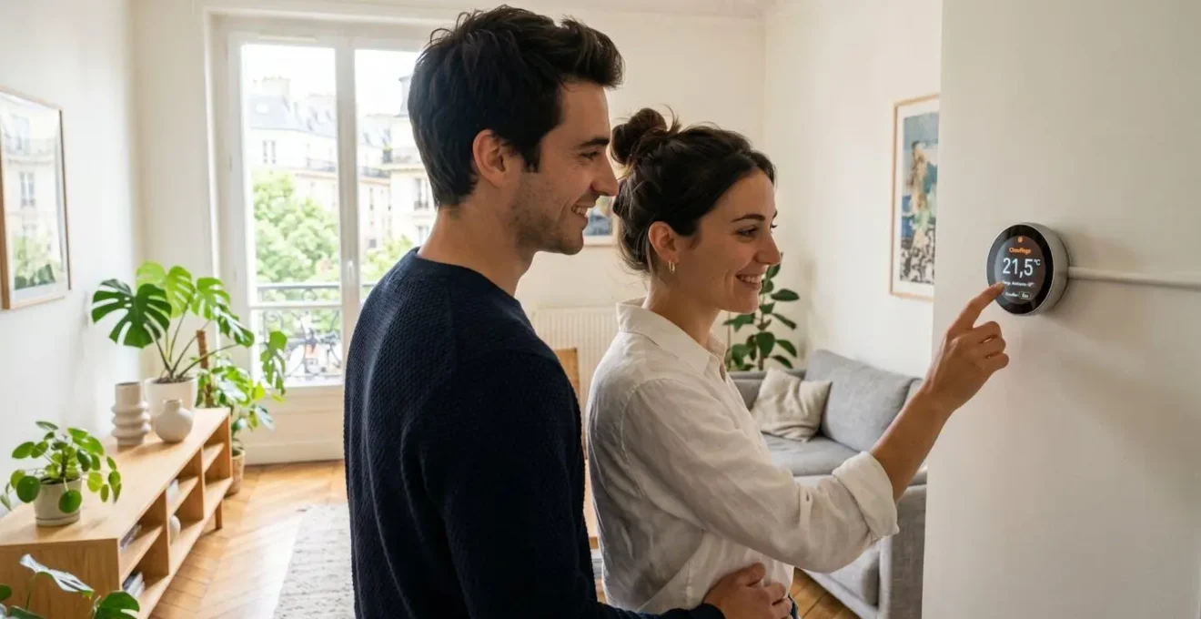 Un couple de propriétaires consulte les réglages d'un thermostat connecté dans un salon lumineux au style contemporain