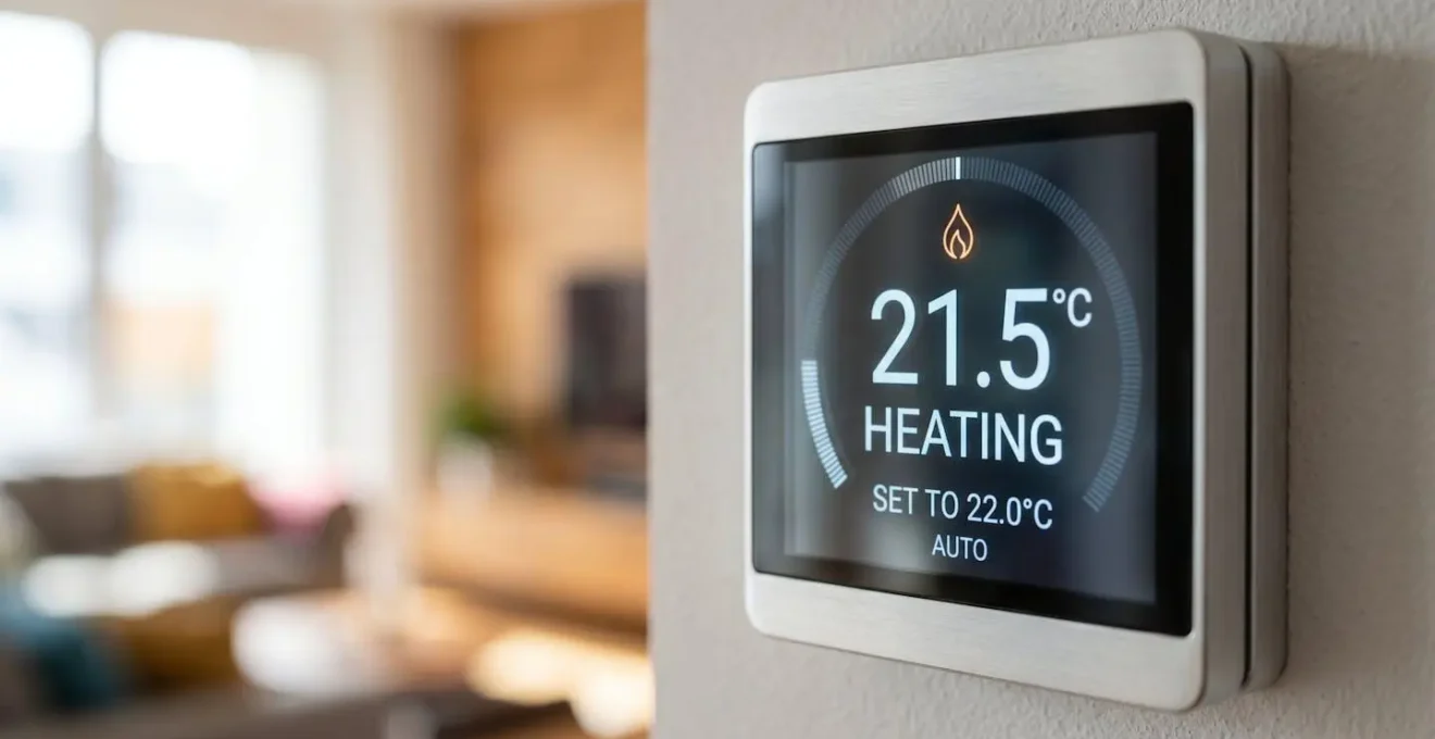 Gros plan sur l'écran digital d'un thermostat de pompe à chaleur affichant les données de température avec une grande netteté