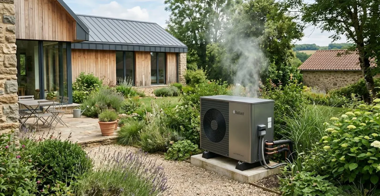 Unité extérieure de pompe à chaleur en fonctionnement avec de la vapeur de condensation visible dans un jardin de maison pavillonnaire moderne