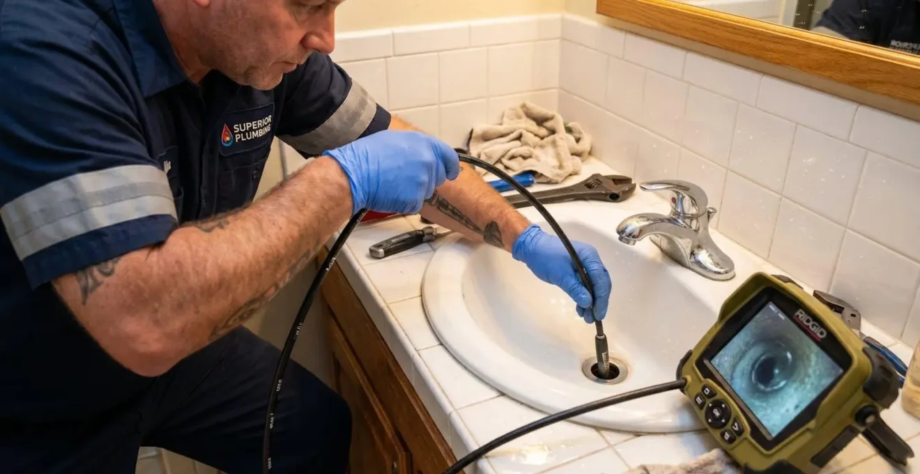 Inspection par caméra haute définition d'un drain de salle de bain pour détecter une obstruction