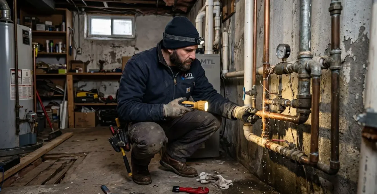 Technicien en plomberie inspectant les canalisations dans un sous-sol résidentiel de Montréal