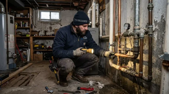 Technicien en plomberie inspectant les canalisations dans un sous-sol résidentiel de Montréal