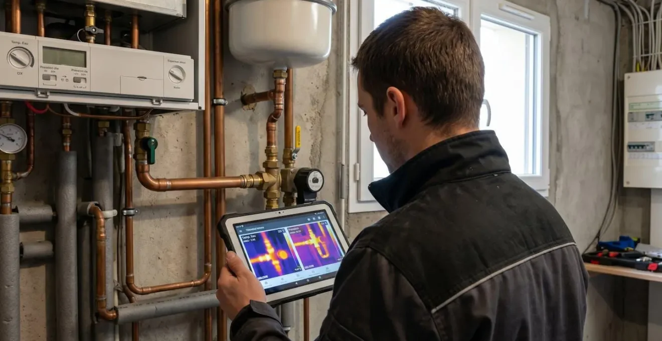 Technicien de dos examinant un système de chauffage dans un local technique résidentiel, consultant une tablette affichant des données thermiques