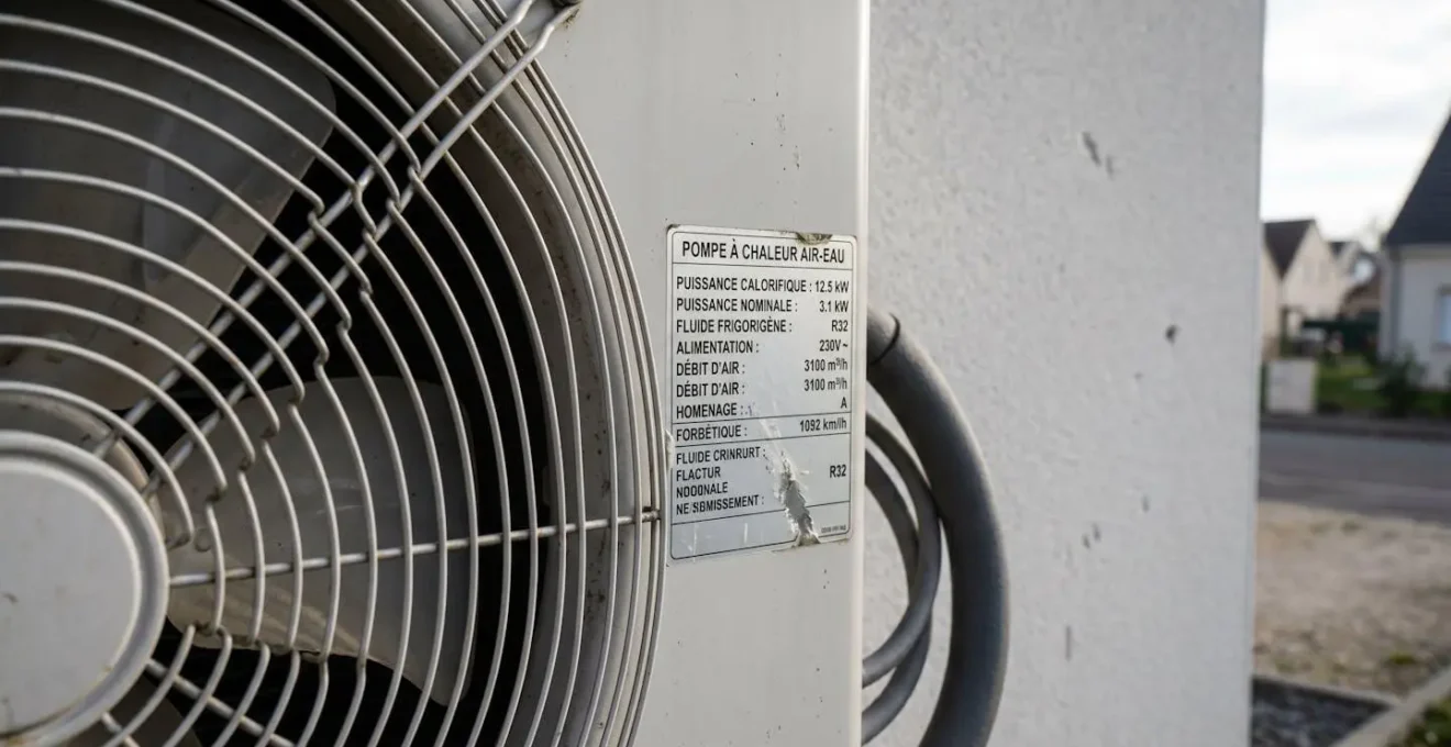 Gros plan sur une unité extérieure de pompe à chaleur air-eau installée sur le mur extérieur d