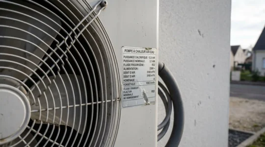 Gros plan sur une unité extérieure de pompe à chaleur air-eau installée sur le mur extérieur d